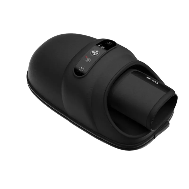 Intelligent electric hand massager with hot compress in black colour, multi-point massage pads, and USB charging cable on a desk