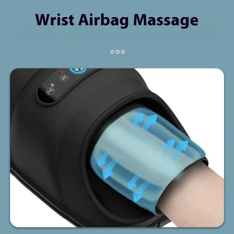 Intelligent electric hand massager with hot compress in black colour, multi-point massage pads, and USB charging cable on a desk
