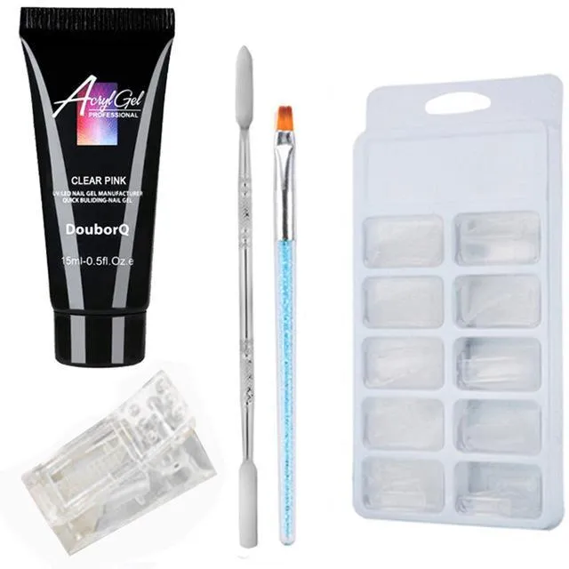 Clear nail polish art kit with resin gel, sponge, brush, and nail sticker for DIY manicure