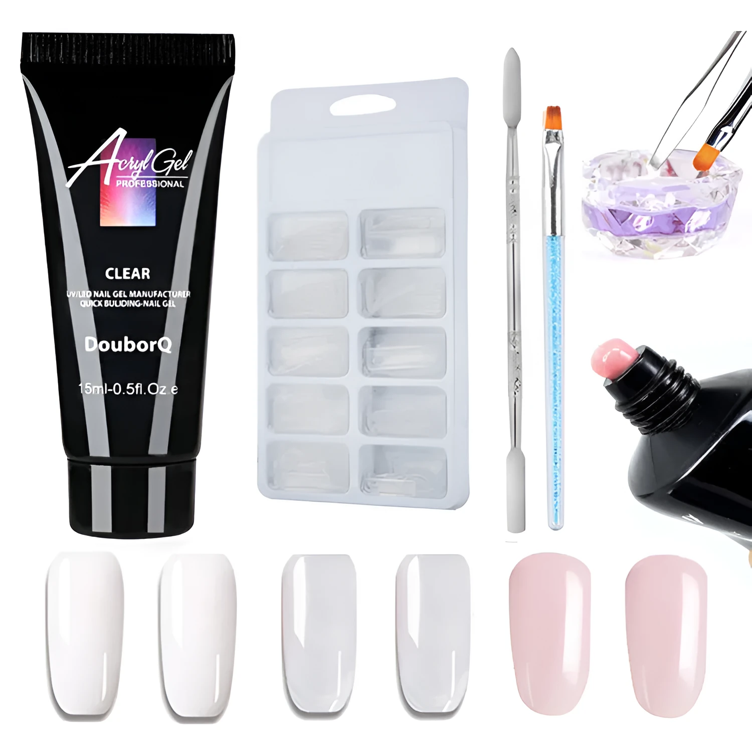 Clear nail polish art kit with resin gel, sponge, brush, and nail sticker for DIY manicure