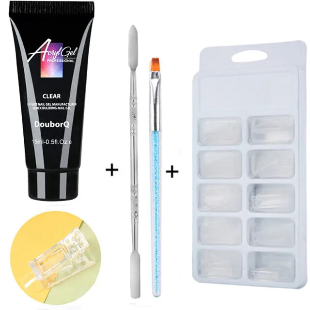 Clear nail polish art kit with resin gel, sponge, brush, and nail sticker for DIY manicure