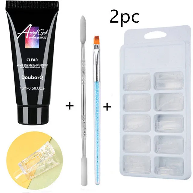 Clear nail polish art kit with resin gel, sponge, brush, and nail sticker for DIY manicure