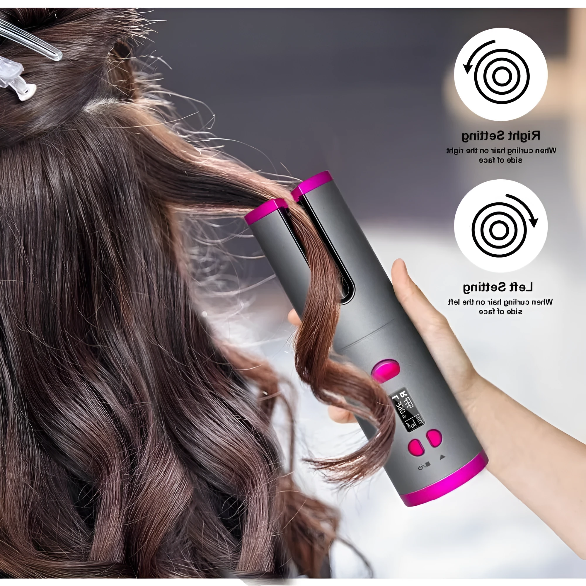 Cordless automatic hair curler iron in black with 2500mAh rechargeable battery and six temperature settings