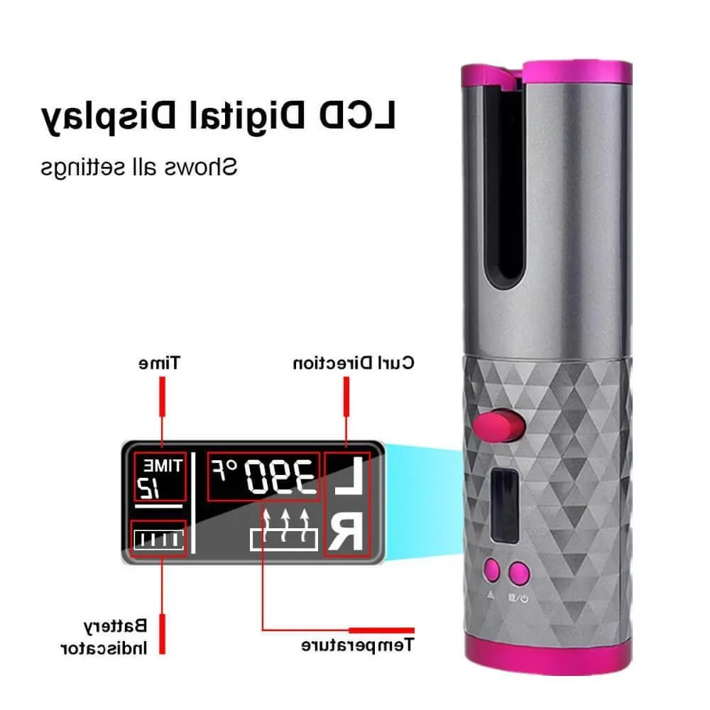 Cordless automatic hair curler iron in black with 2500mAh rechargeable battery and six temperature settings