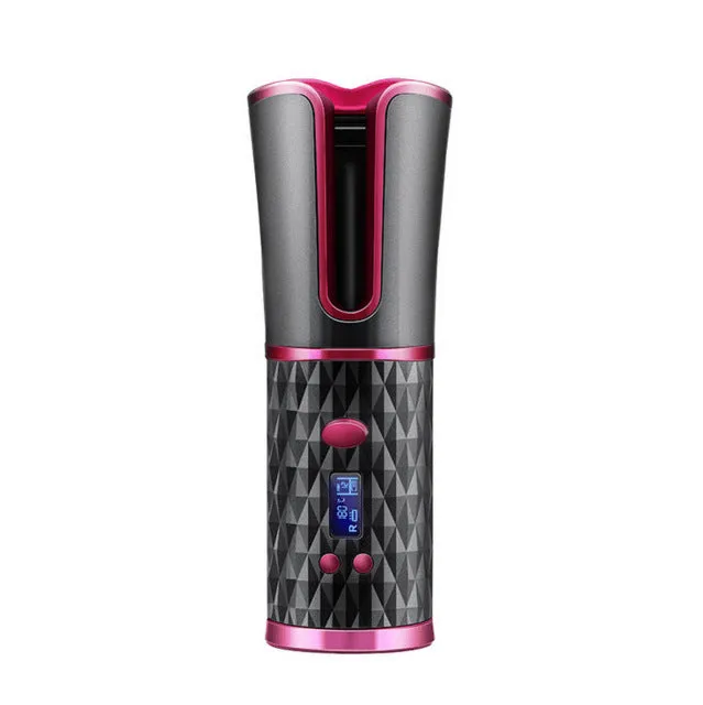 Cordless automatic hair curler iron in black with 2500mAh rechargeable battery and six temperature settings