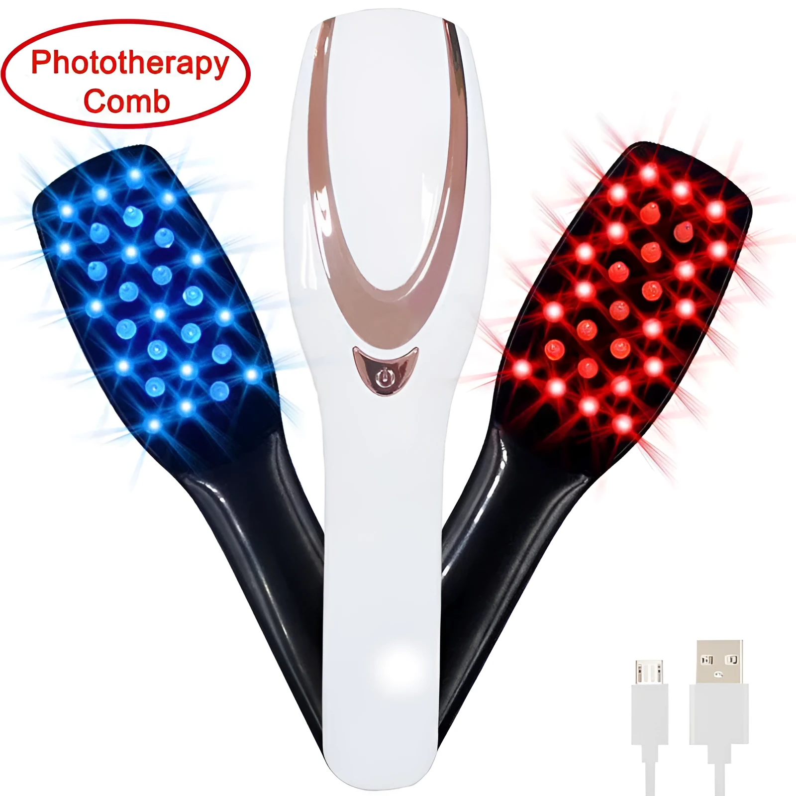 Iridescent scalp massager with push-button control, three speed gears, and USB charging cable on white background
