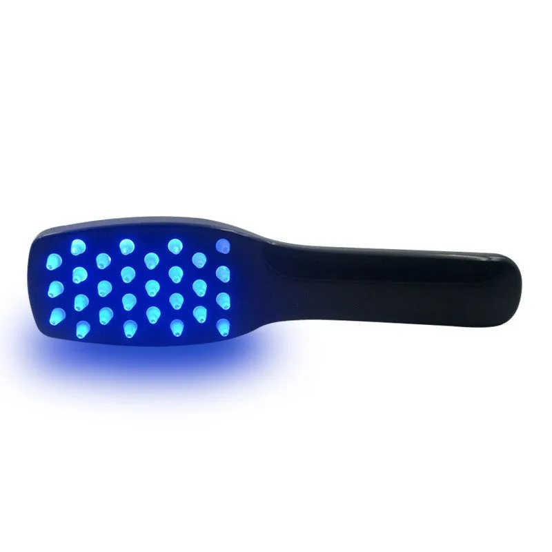 Iridescent scalp massager with push-button control, three speed gears, and USB charging cable on white background
