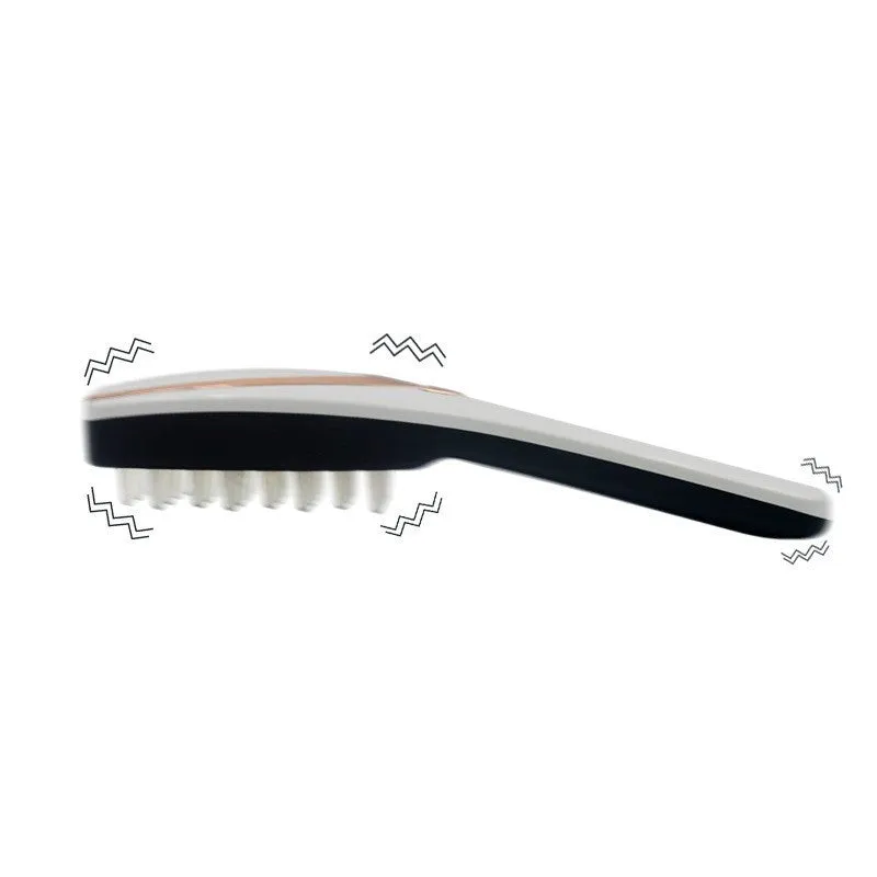 Iridescent scalp massager with push-button control, three speed gears, and USB charging cable on white background