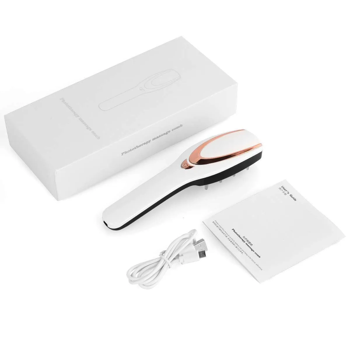 Iridescent scalp massager with push-button control, three speed gears, and USB charging cable on white background
