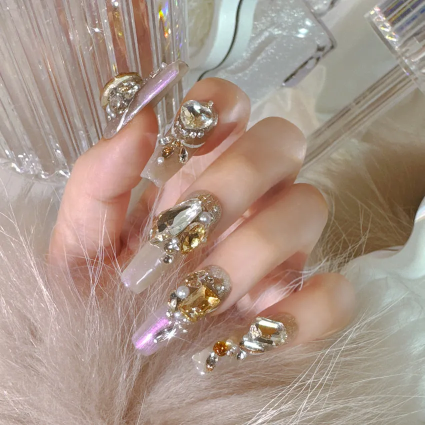 S number flash style artificial nails with luxury rhinestone designs and glossy phototherapy sealing