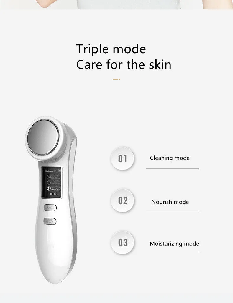 White multifunctional beauty machine with negative ion therapy, USB rechargeable, for home facial skincare