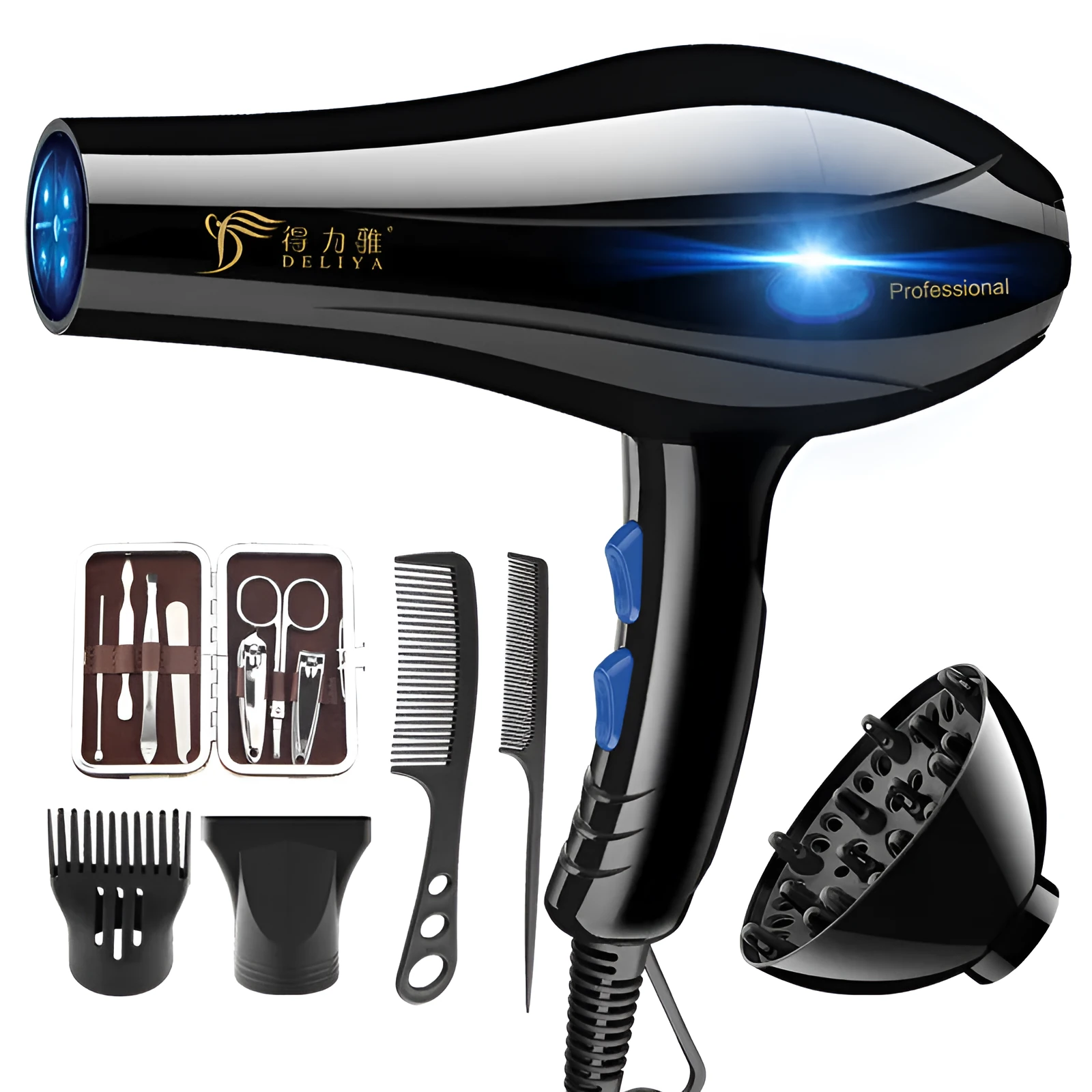 Black home hairdressing high-power hair dryer with five speed gears and multiple nozzles