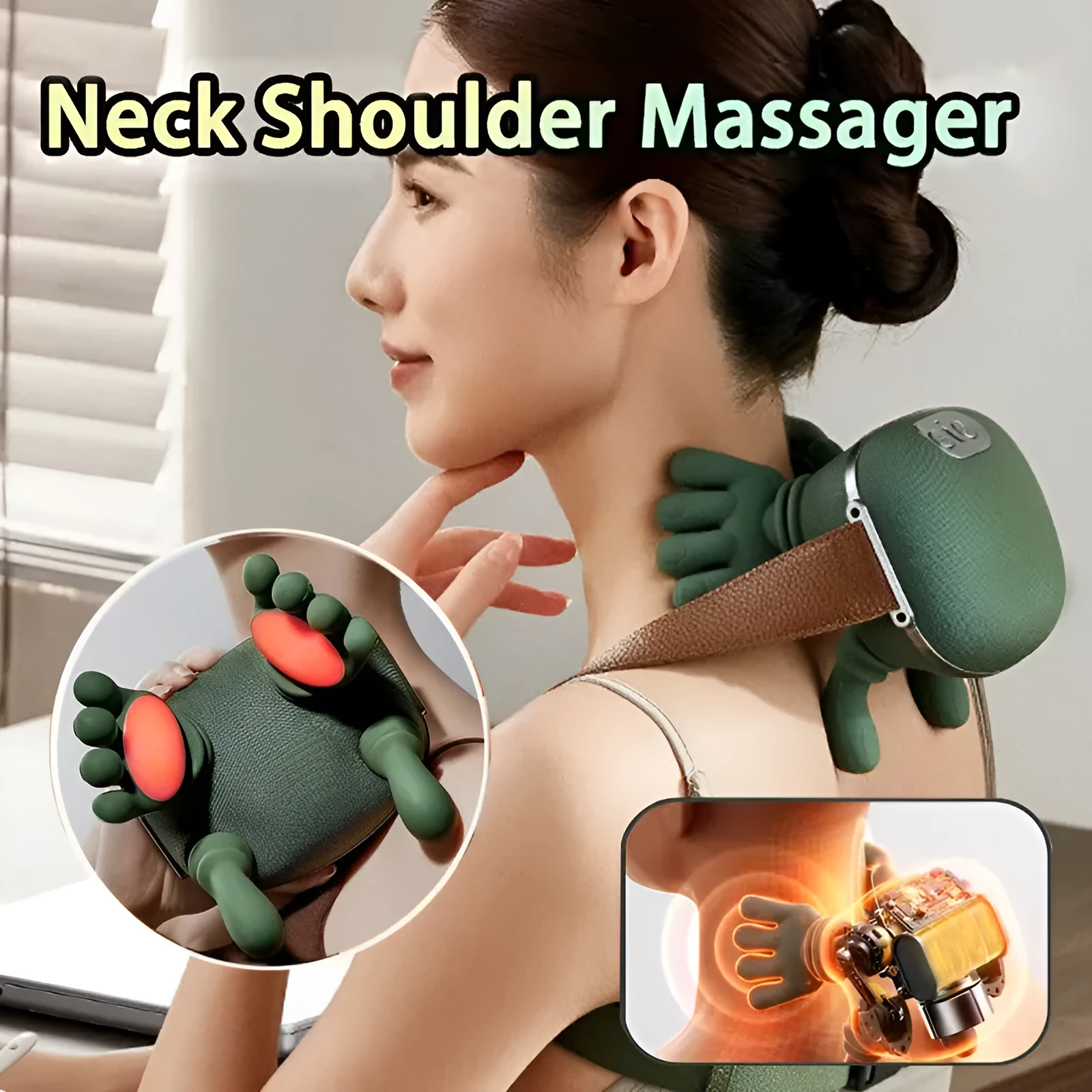 Electric neck and shoulder massager in moss green with 4D kneading and heat, cordless design