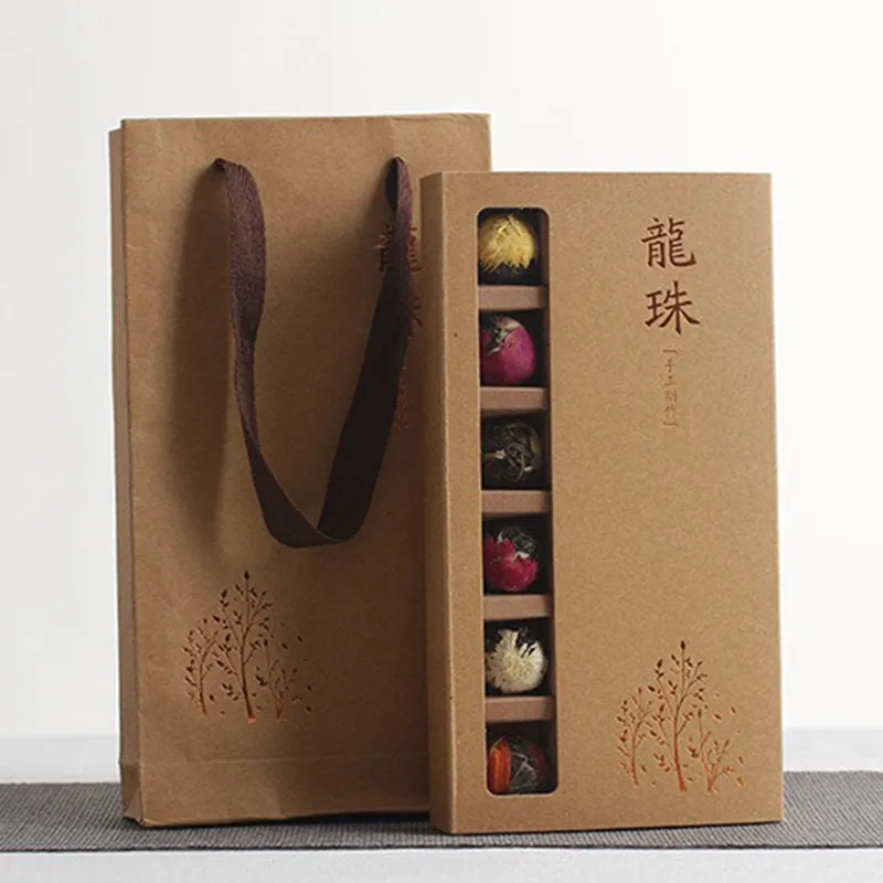 Six flavour flower tea gift box with 18 tablets featuring jasmine, lily, peony, yellow chrysanthemum, rose, and chrysanthemum