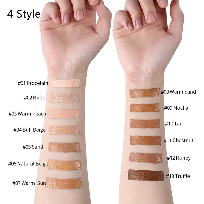 Liquid foundation oil control concealer in a squeeze tube with colour swatches showing 13 shade options