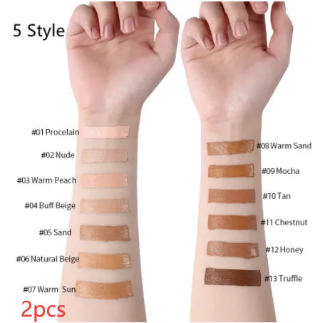 Liquid foundation oil control concealer in a squeeze tube with colour swatches showing 13 shade options