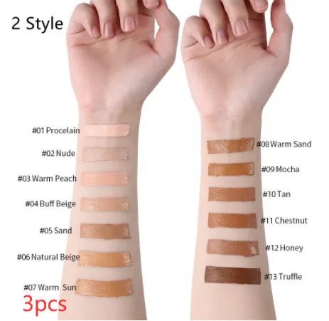 Liquid foundation oil control concealer in a squeeze tube with colour swatches showing 13 shade options