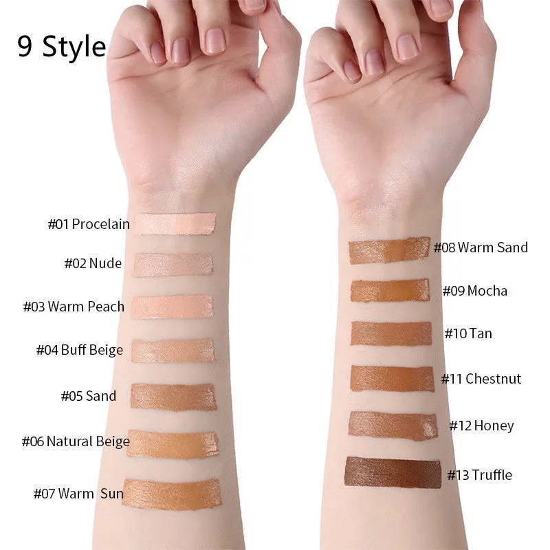 Liquid foundation oil control concealer in a squeeze tube with colour swatches showing 13 shade options