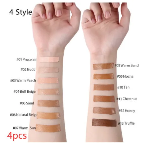 Liquid foundation oil control concealer in a squeeze tube with colour swatches showing 13 shade options