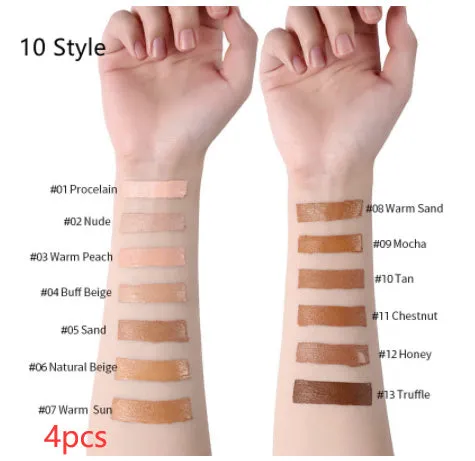 Liquid foundation oil control concealer in a squeeze tube with colour swatches showing 13 shade options