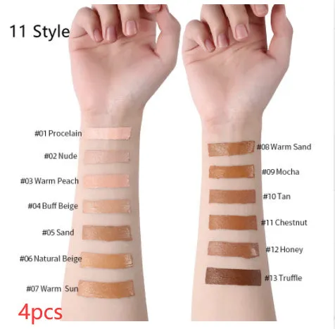 Liquid foundation oil control concealer in a squeeze tube with colour swatches showing 13 shade options