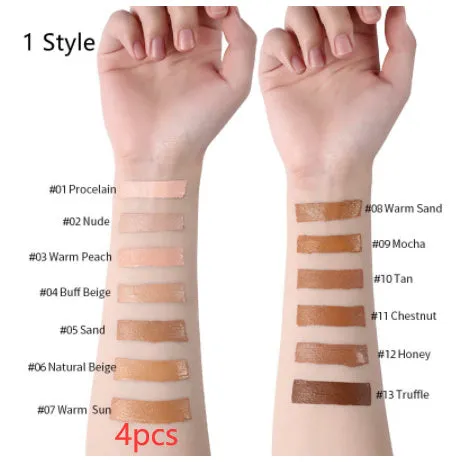 Liquid foundation oil control concealer in a squeeze tube with colour swatches showing 13 shade options