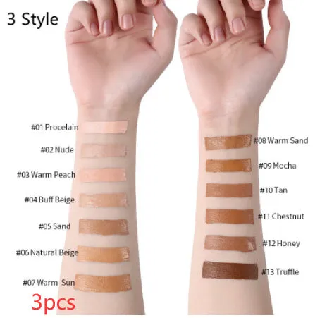 Liquid foundation oil control concealer in a squeeze tube with colour swatches showing 13 shade options