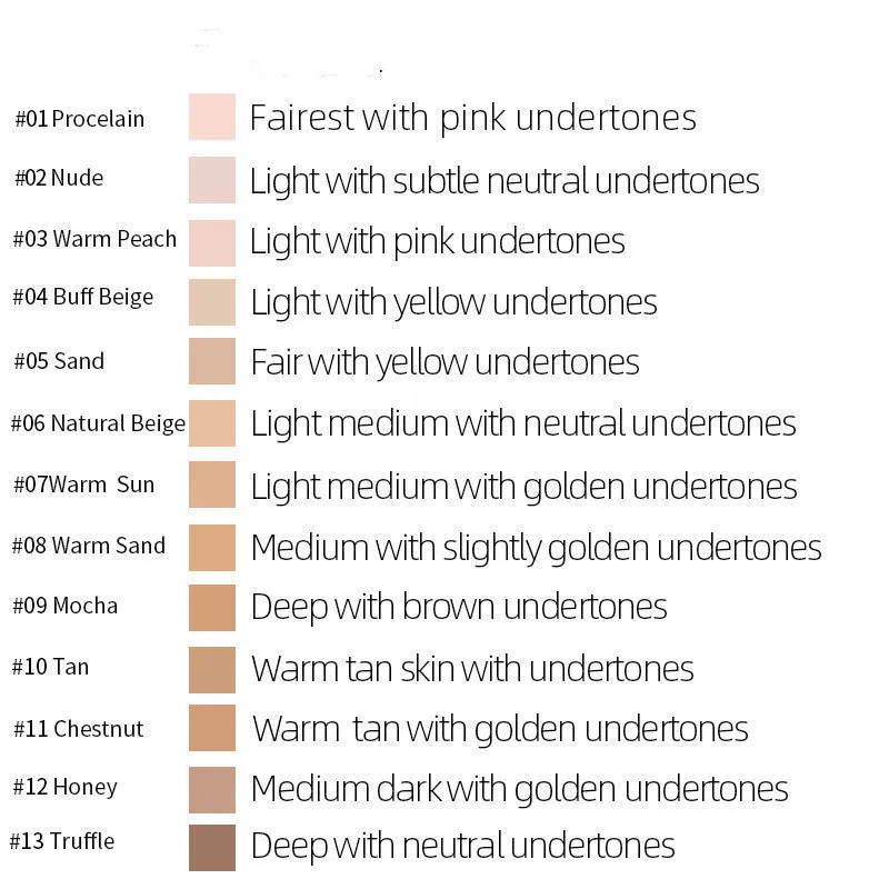Liquid foundation oil control concealer in a squeeze tube with colour swatches showing 13 shade options