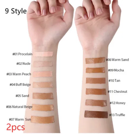 Liquid foundation oil control concealer in a squeeze tube with colour swatches showing 13 shade options
