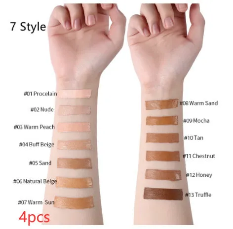Liquid foundation oil control concealer in a squeeze tube with colour swatches showing 13 shade options