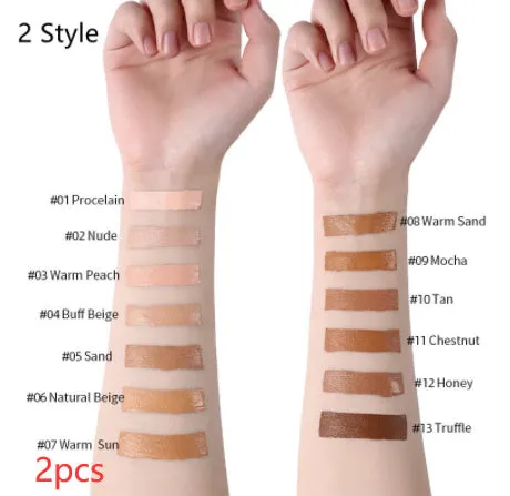 Liquid foundation oil control concealer in a squeeze tube with colour swatches showing 13 shade options