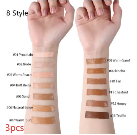 Liquid foundation oil control concealer in a squeeze tube with colour swatches showing 13 shade options