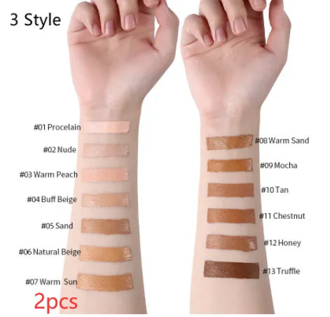 Liquid foundation oil control concealer in a squeeze tube with colour swatches showing 13 shade options