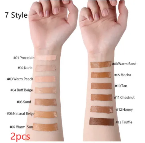 Liquid foundation oil control concealer in a squeeze tube with colour swatches showing 13 shade options