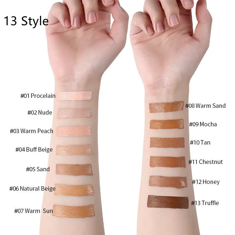 Liquid foundation oil control concealer in a squeeze tube with colour swatches showing 13 shade options