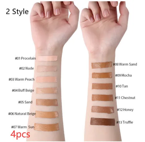 Liquid foundation oil control concealer in a squeeze tube with colour swatches showing 13 shade options