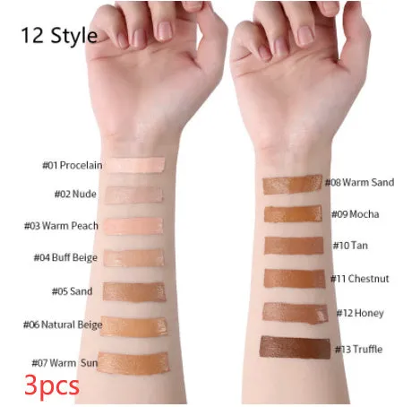 Liquid foundation oil control concealer in a squeeze tube with colour swatches showing 13 shade options