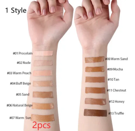 Liquid foundation oil control concealer in a squeeze tube with colour swatches showing 13 shade options
