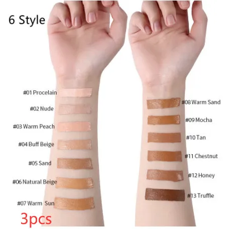 Liquid foundation oil control concealer in a squeeze tube with colour swatches showing 13 shade options