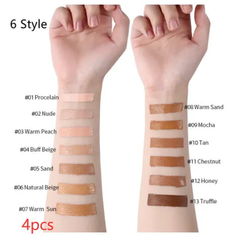 Liquid foundation oil control concealer in a squeeze tube with colour swatches showing 13 shade options