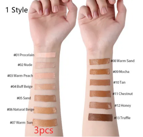 Liquid foundation oil control concealer in a squeeze tube with colour swatches showing 13 shade options