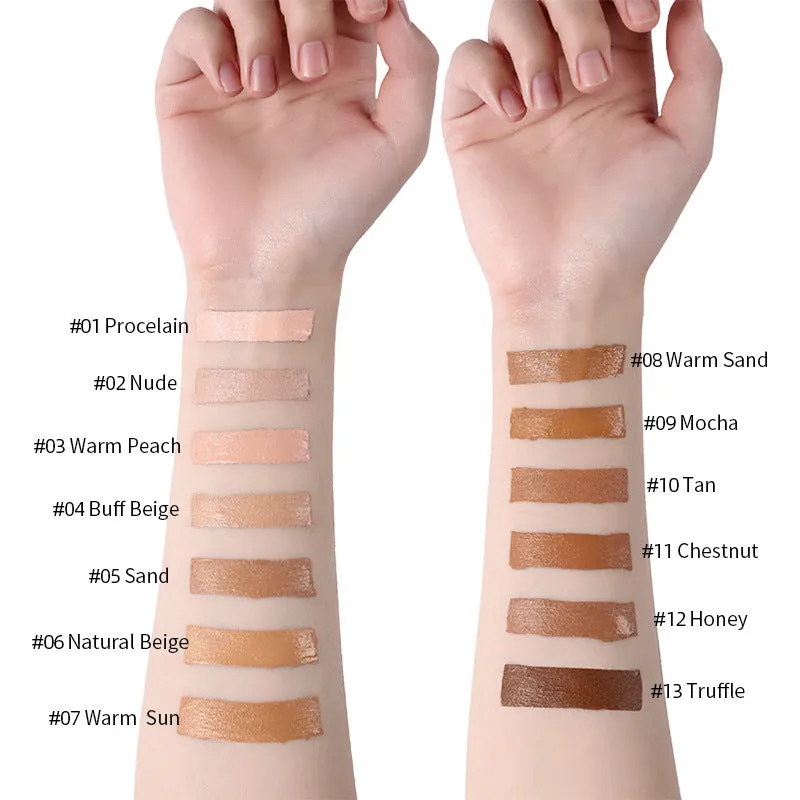 Liquid foundation oil control concealer in a squeeze tube with colour swatches showing 13 shade options