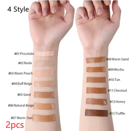 Liquid foundation oil control concealer in a squeeze tube with colour swatches showing 13 shade options