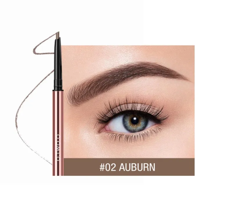 Eyebrow pencil in caramel shade on white background with colour box packaging showing six colour options
