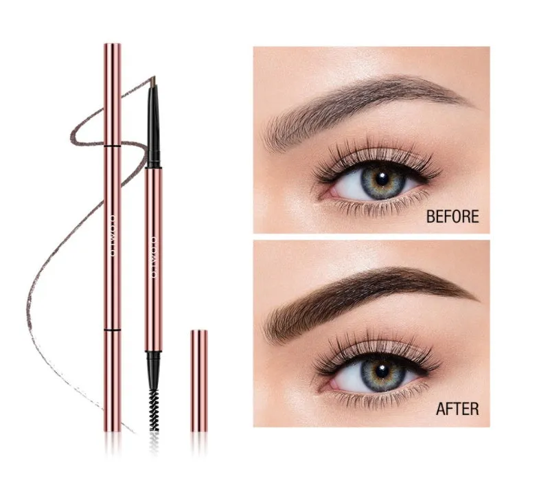 Eyebrow pencil in caramel shade on white background with colour box packaging showing six colour options