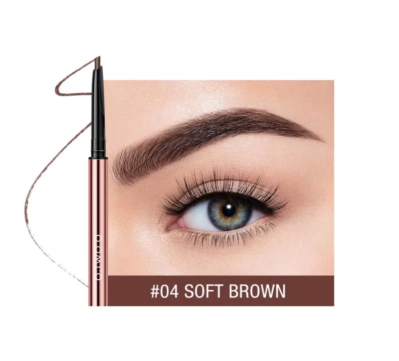Eyebrow pencil in caramel shade on white background with colour box packaging showing six colour options