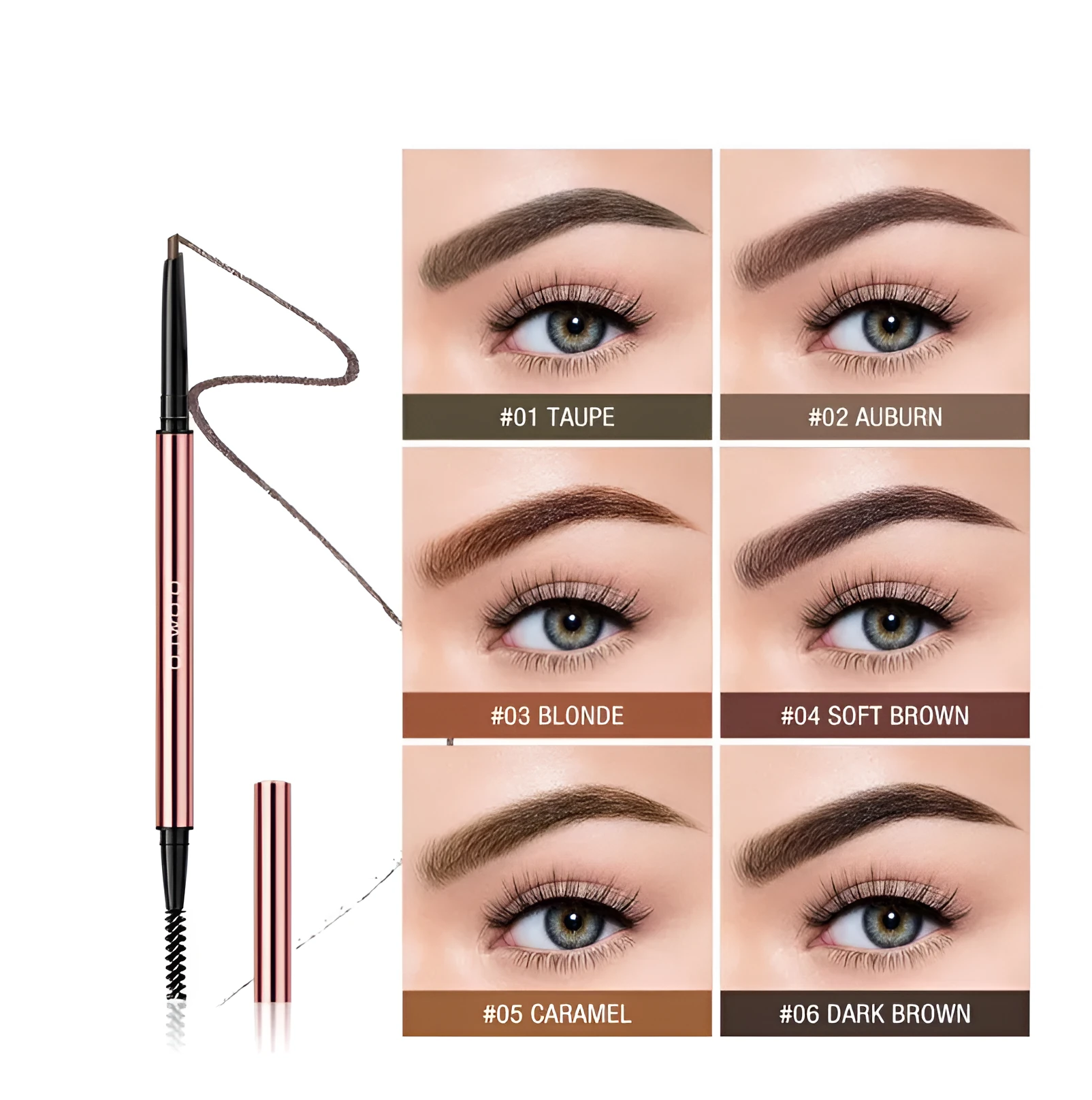 Eyebrow pencil in caramel shade on white background with colour box packaging showing six colour options
