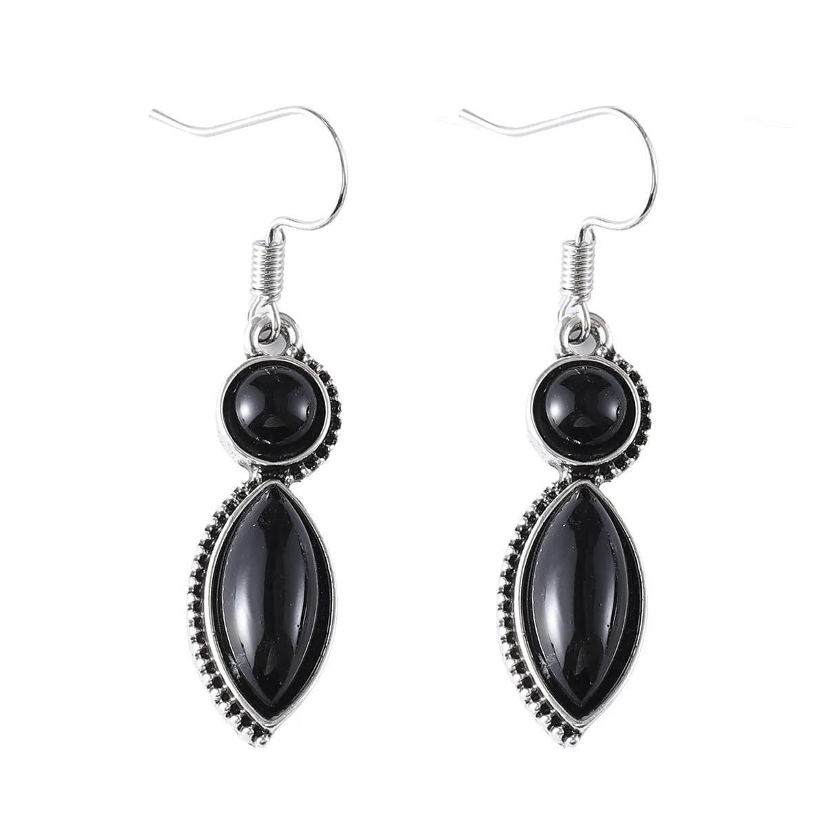 A pair of vintage geometric pendant earrings in black and purple with a round detail, made from zinc alloy.