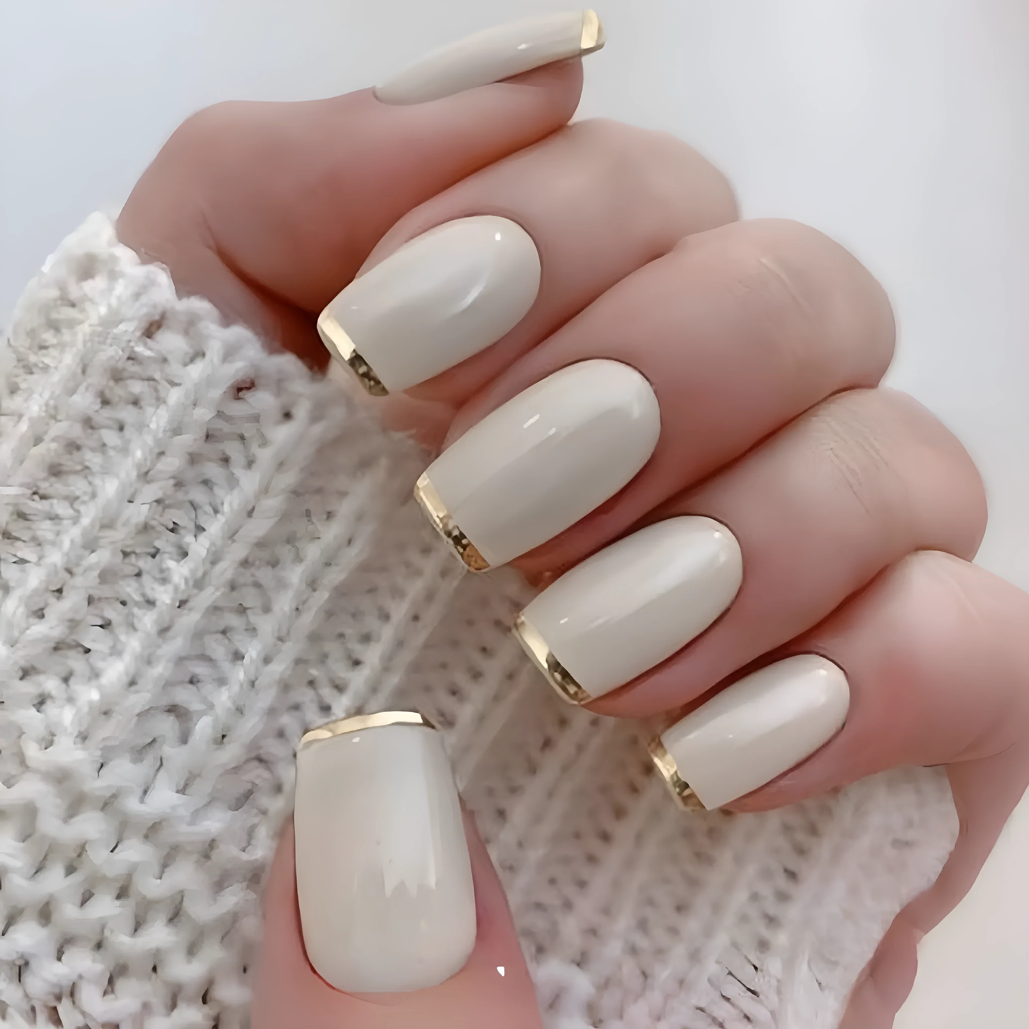 White and gold mid-length European square nail art patch set on fingers, French style manicure