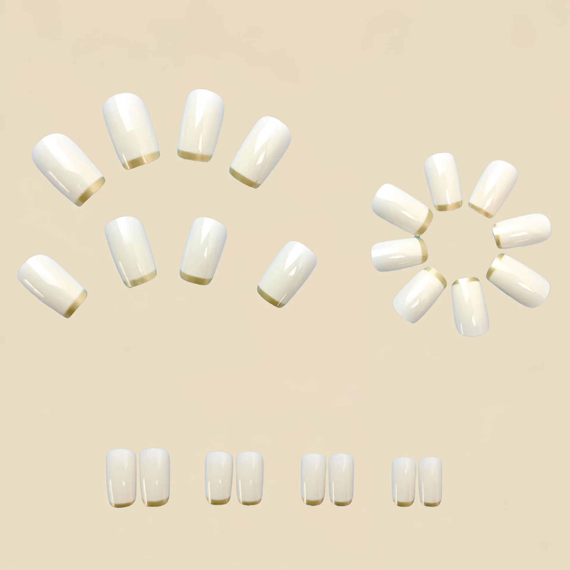 White and gold mid-length European square nail art patch set on fingers, French style manicure